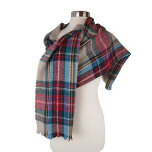 Lightweight Red Cream Plaid Blanket Scarf Woven Rectangle Fringe